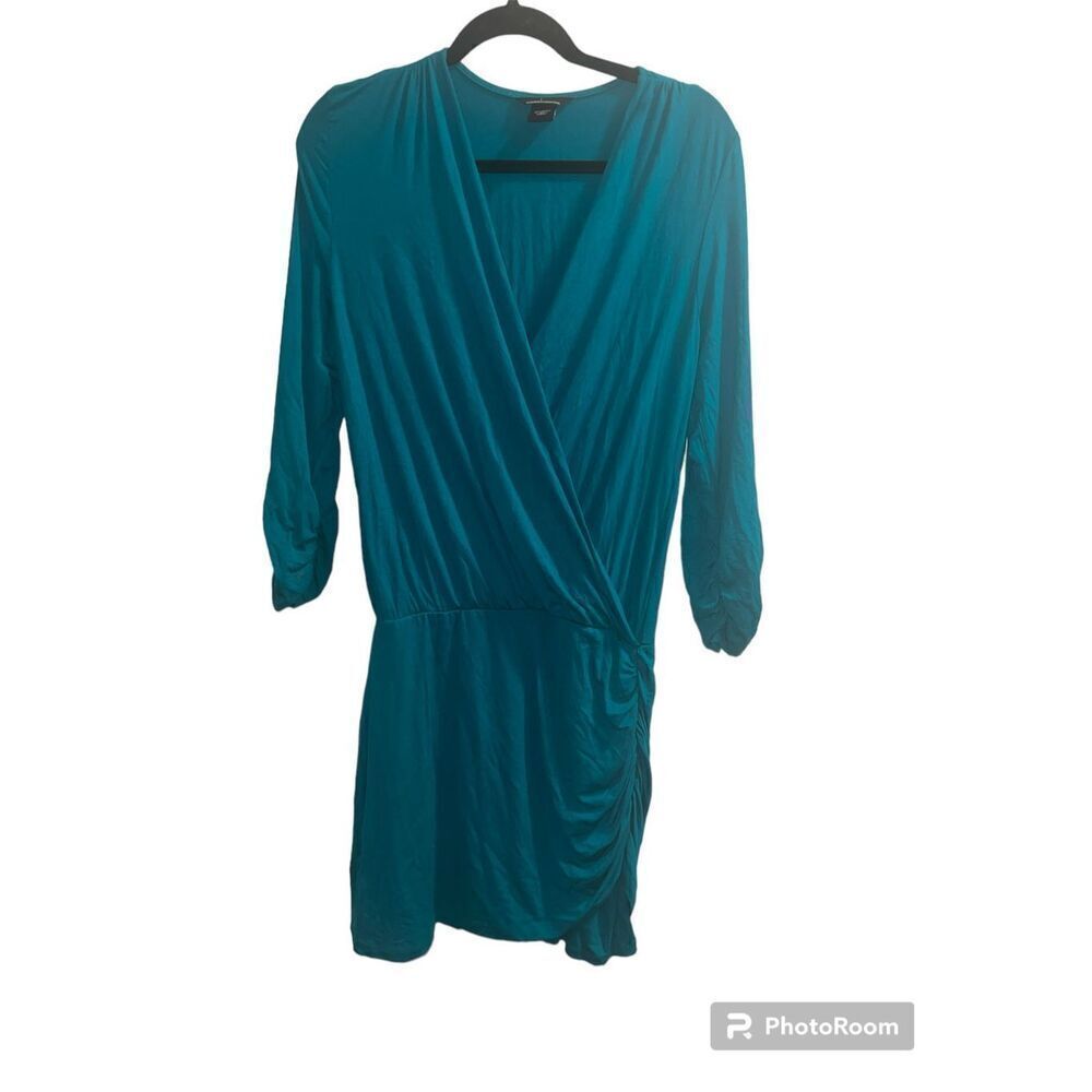 ✨Moda International Teal Ruched V Neck Sz Medium Dress✨ - Picture 2 of 6